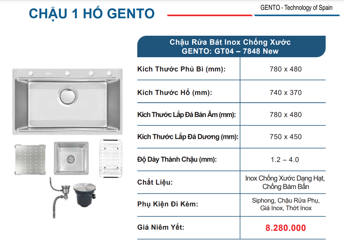Cataloge chậu 1 hố Gento