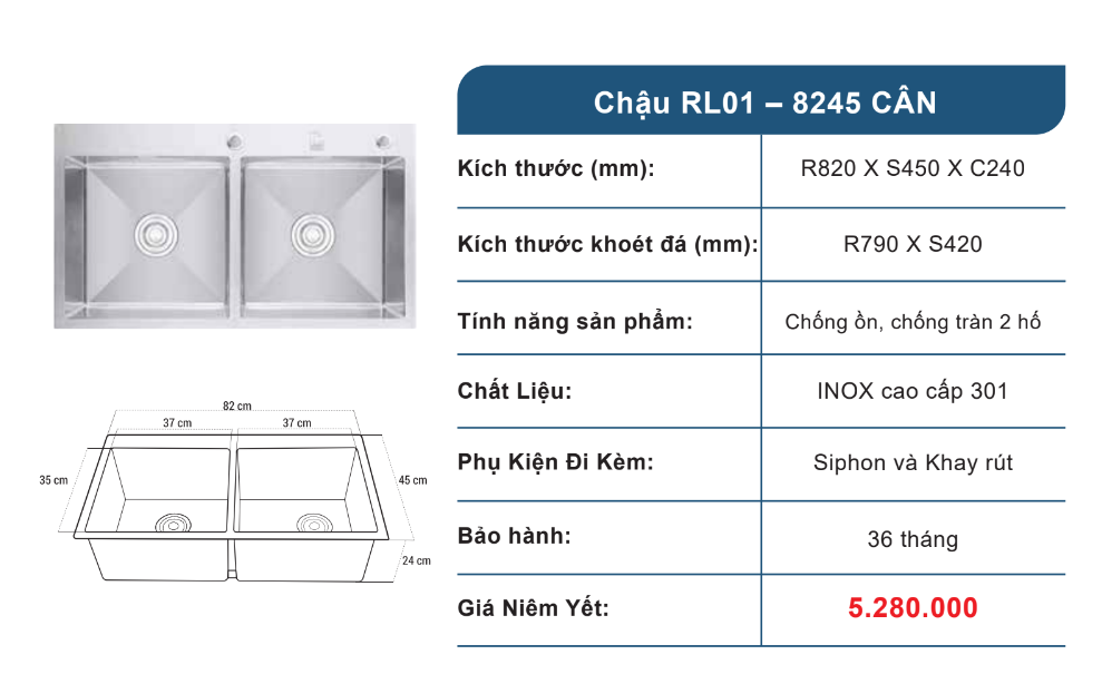Chậu RL01-8245 có khả năng chống ồn tốt 